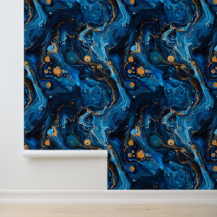 Marmeren verf giet effect midnight blauw goud behang