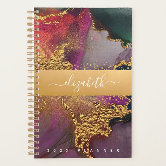 Marmeren waterverf goud paarse blauw groen script planner (Voorkant)