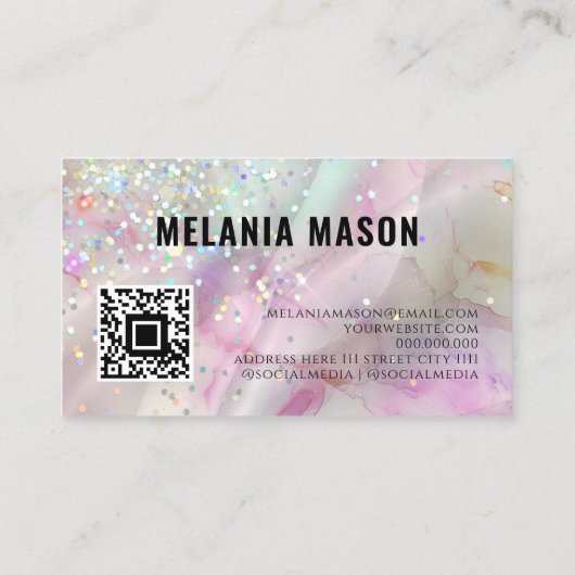 Marmeren Waterverf Holografische Glitter QR Code N Visitekaartje (Achterkant)