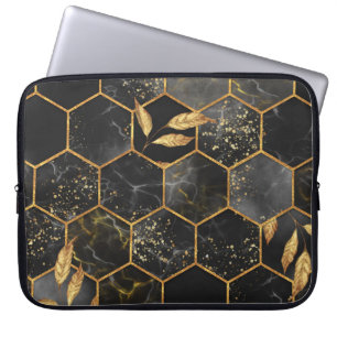 Marmeren zeshoek, gouden bladeren textuur. laptop sleeve