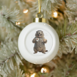Marmot die thee drinkt keramische bal ornament