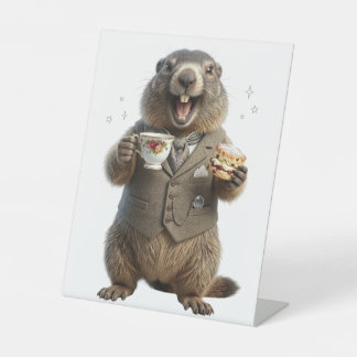 Marmot die thee drinkt reclamebord met voetstuk