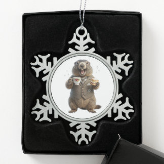 Marmot die thee drinkt tin sneeuwvlok ornament