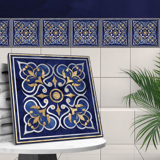 Marokkaans Ornament Blauw Marmer & Goud Tegeltje