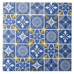 Marokkaans patroon in Blauwgroen blauw, geel, crèm Tegeltje