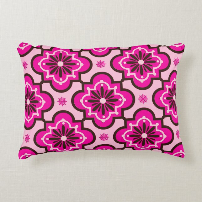 Marokkaans Tegel Patroon, Fuchsia Pink en Black Accent Kussen (Voorkant)