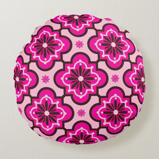 Marokkaans Tegel Patroon, Fuchsia Pink en Black Rond Kussen (Voorkant)