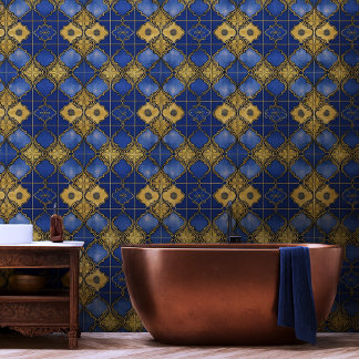 Marokkaans Traliepatroon Vierlobben Blauw Goud Behang