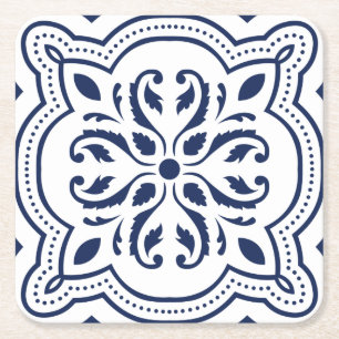 Marokkaans vet blauw geometrisch motief vierkante kartonnen onderzetter
