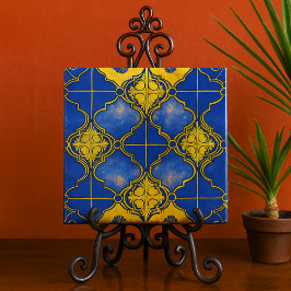 Marokkaanse Patroon Quatrefoils blauw en goud Tegeltje
