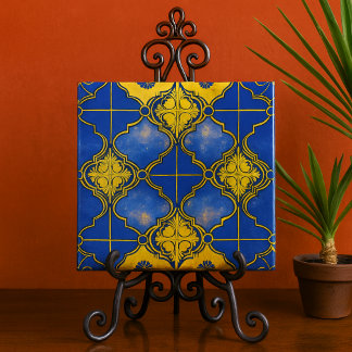 Marokkaanse Patroon Quatrefoils blauw en goud Tegeltje
