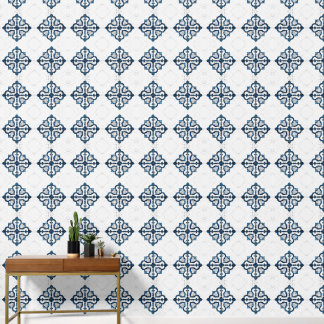 Marokkaanse Quatrefoil Blauw en Wit Marmer Behang