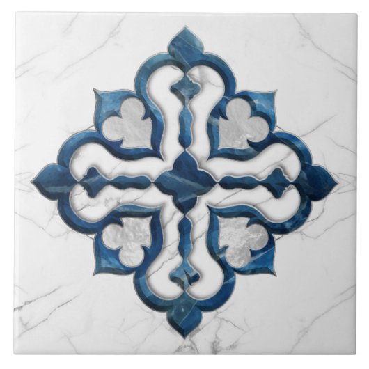 Marokkaanse Quatrefoil Blauw en Wit Marmer Tegeltje (Voorkant)