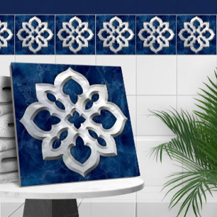 Marokkaanse Quatrefoil Blauw Marmer en Parel Tegeltje