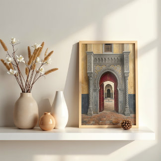 Marokkaanse Riad Crimson Rode Deur Olie Schilderin Poster