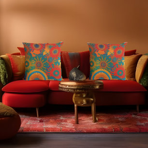 Marokkaanse stijl goud rood oranje turquoise blauw kussen