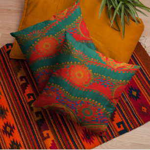 Marokkaanse stof exotisch rood oranje blauw turquo kussen
