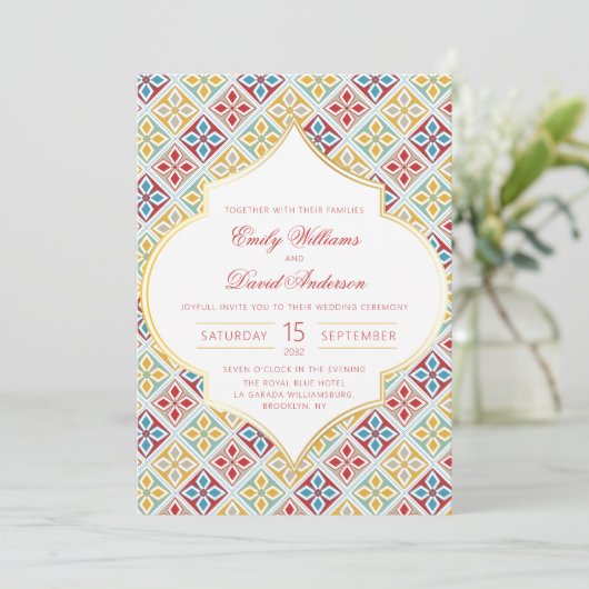 Marokkaanse Tegel Patroon Rode bruiloft uitnodigin Kaart (Staand voorkant)