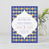 Marokkaanse Tegel Royal Blue Golden Wedding Kaart (Staand voorkant)