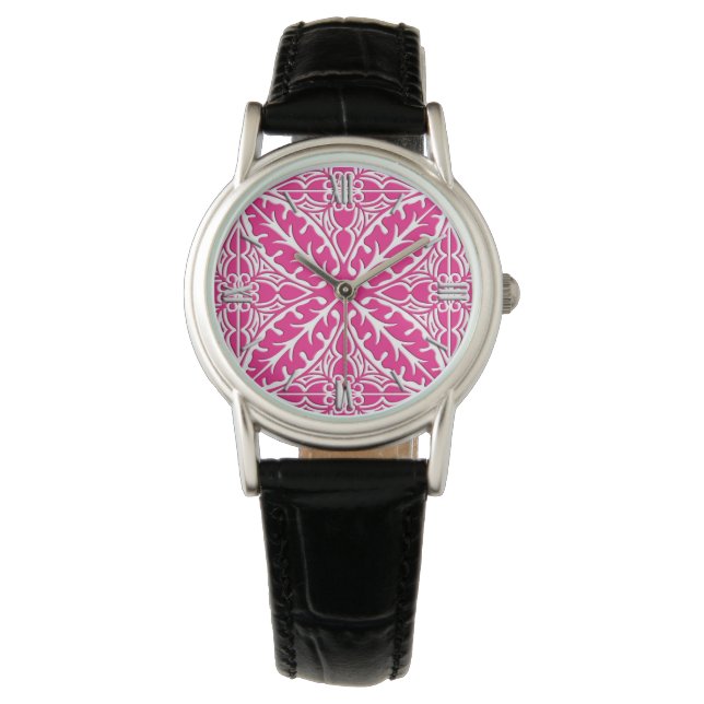 Marokkaanse tegels - fuchsia roze en wit horloge (Voorkant)