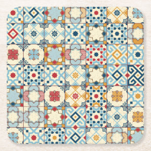 Marokkaanse tegels, kleurrijk naadloos patroon. vierkante kartonnen onderzetter