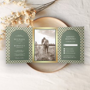 Marokkaanse Vierblad Boho Salie Groene Boog Bruilo Drieluik Uitnodiging