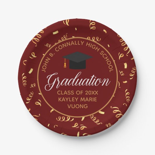 Maroon Afstuderen Gold Streamers Custom 2025 Party Papieren Bordje (Voorkant)