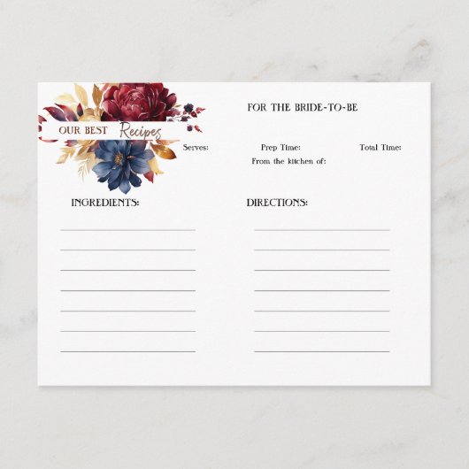 Maroon and Navy Floral Recipe Card Notitiekaartje (Voorkant)