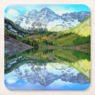 Maroon Bells reflecterend in Maroon Lake Vierkante Kartonnen Onderzetter