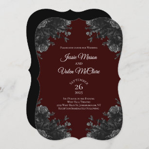 Maroon Black Grey Rozen Gothic Elegant Wedding Kaart