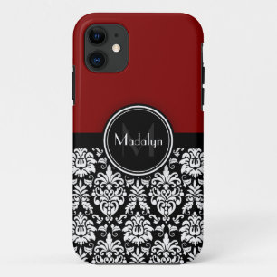 Maroon Black White Damask Monogram Letter iPhone 11 Hoesje
