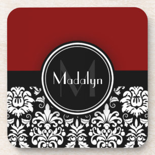 Maroon Black White Damask Monogram Letter Drankjes Onderzetter