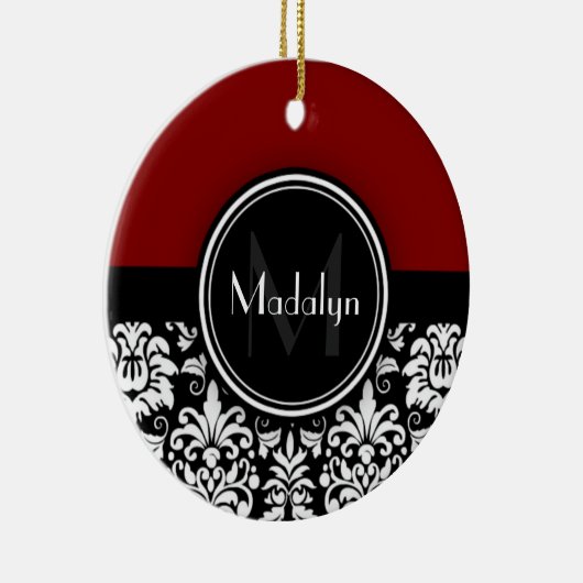 Maroon Black White Damask Monogram Letter Keramisch Ornament (Rechts)
