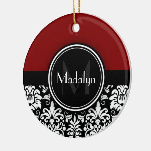 Maroon Black White Damask Monogram Letter Keramisch Ornament (Links)