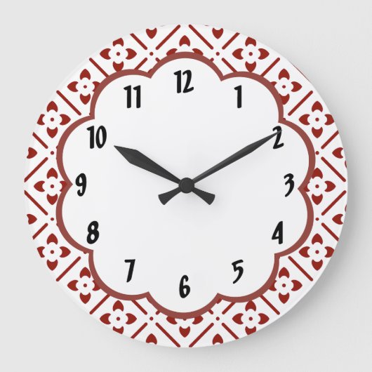 Maroon Blanc Floral Rétro Motif Horloge murale (Recto)