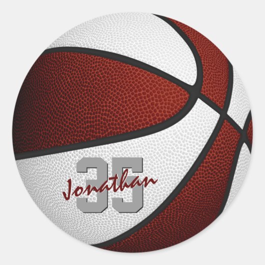 maroon blanke jongens basketbalteam kleuren ronde sticker (Voorkant)