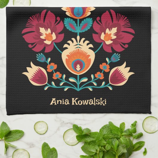 Maroon, blauwgroen en pastelgeel Folk Wycinanki Theedoek (Gevouwen)