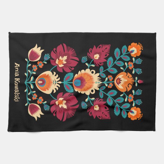 Maroon, blauwgroen en pastelgeel Folk Wycinanki Theedoek (Horizontaal)