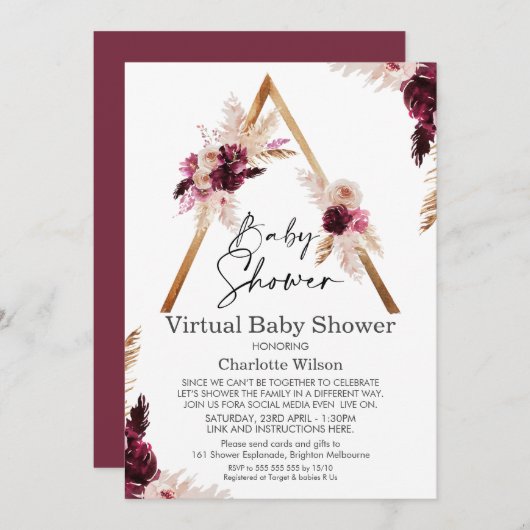 Maroon Boho Pampas Virtual Baby shower Invitation Kaart (Voorkant / Achterkant)