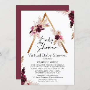 Maroon Boho Pampas Virtual Baby shower Invitation Kaart