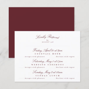 Maroon Bourgogne Elegante Kalligrafie multi-event RSVP Kaartje