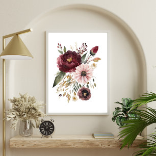 Maroon Bourgondië Roze Waterverf Bloemen Botanisch Poster