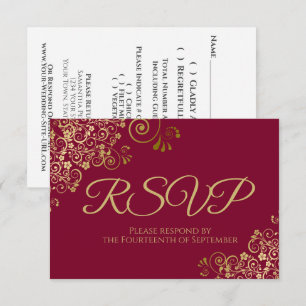 Maroon Burgundy met Elegant Gold Lace Wedding RSVP Kaartje