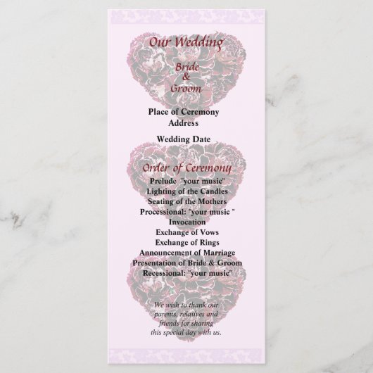 Maroon Carnance Heart Pink Bkgrnd Wedding Programm Programma (Voorkant)