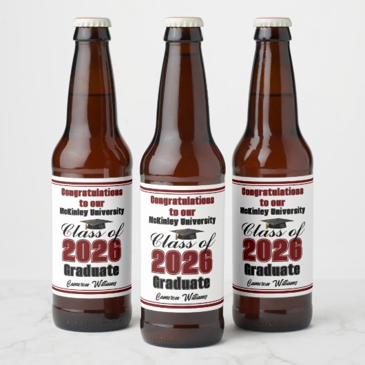 Maroon Class of 2026 Graduation Party Custom Bier Etiket (Flessen)