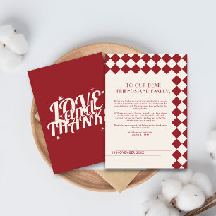 Maroon & Cream Checkerboard Retro Wedding Bedankkaart