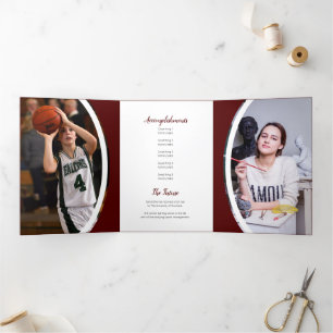 Maroon Curved Lijst Drie Foto Afstuderen Drieluik Uitnodiging