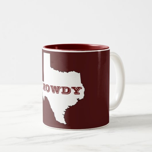 Maroon Custom Text Texas Map Outline Howdy Texan Tweekleurige Koffiemok (Voorkant rechts)