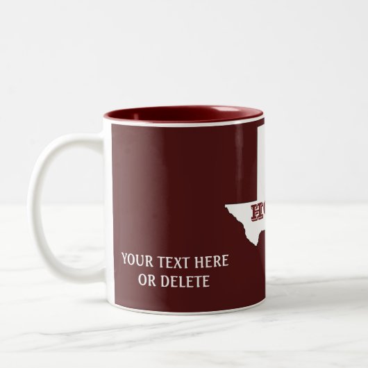 Maroon Custom Text Texas Map Outline Howdy Texan Tweekleurige Koffiemok (Links)