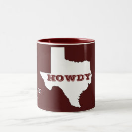 Maroon Custom Text Texas Map Outline Howdy Texan Tweekleurige Koffiemok